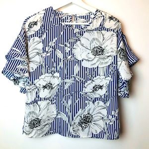 Sienna Sky Blue and White Stripe Blouse with Black Flowers.